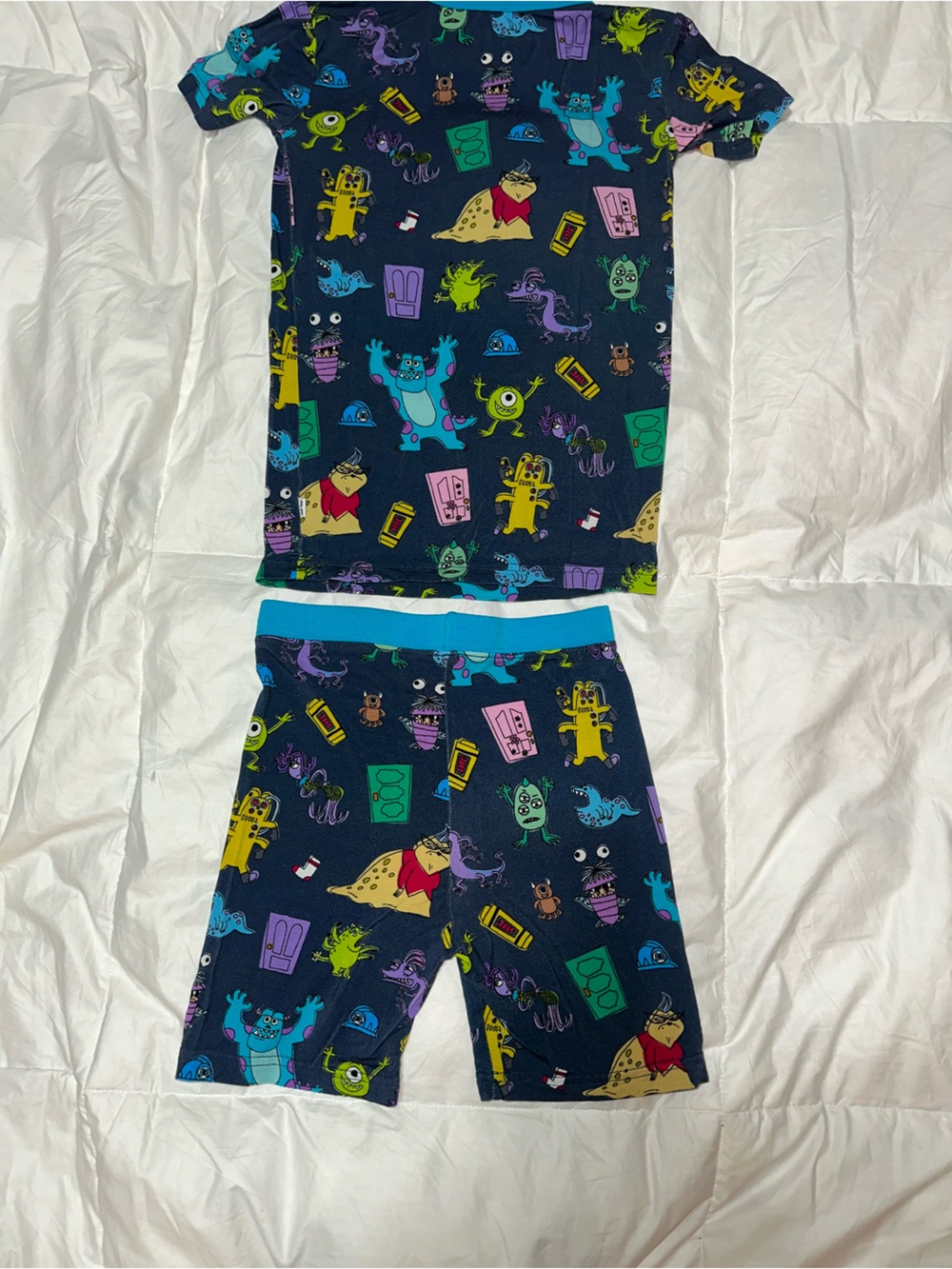 Kids Navy Monster Print Pajama Set with Teal Trim - Picture 2 of 3